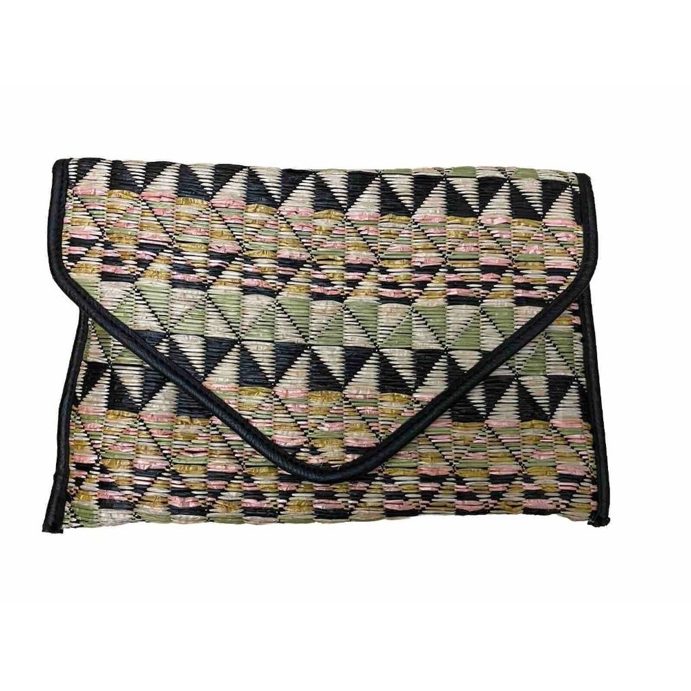 BCBGeneration Straw Purse Clutch Aztec Envelope Foldover Leather Trim Pink Blk